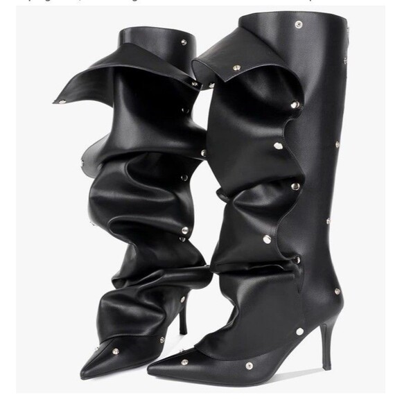 Eusibb Slouch Pointed Toe Knee High Boots Stiletto 8.5 Heel Pull On Convertible - Picture 1 of 16